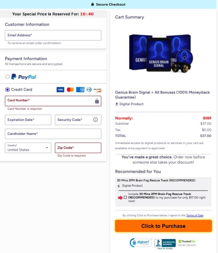 Secure and protected checkout process for Genius Brain Signal
